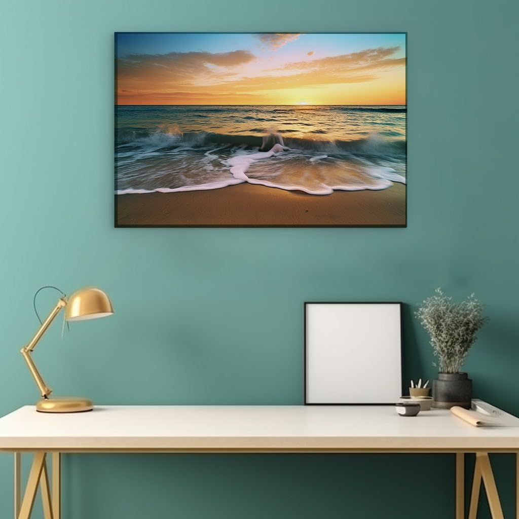 Canvas for Living room. Sunset Serenity at Sea - Where Fiery Skies Embrace Golden Shores, 27 x 18 inch Canvas Wall Art - Contemporary Masterpieces - Modern Home Decor