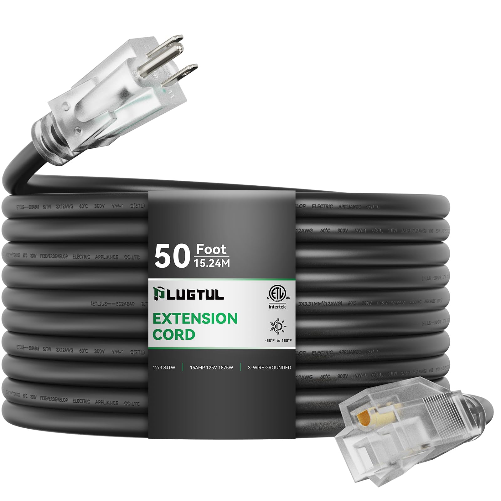 PLUGTUL black 50ft 12 gauge extension cord