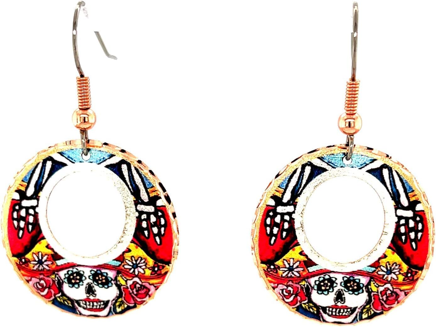 FRONT LINE JEWELRY Day of the Dead Earrings for Women – Calaveras Sugar Skull Hoop Earrings, Día de los Muertos Copper Handcrafted Skull Jewelry