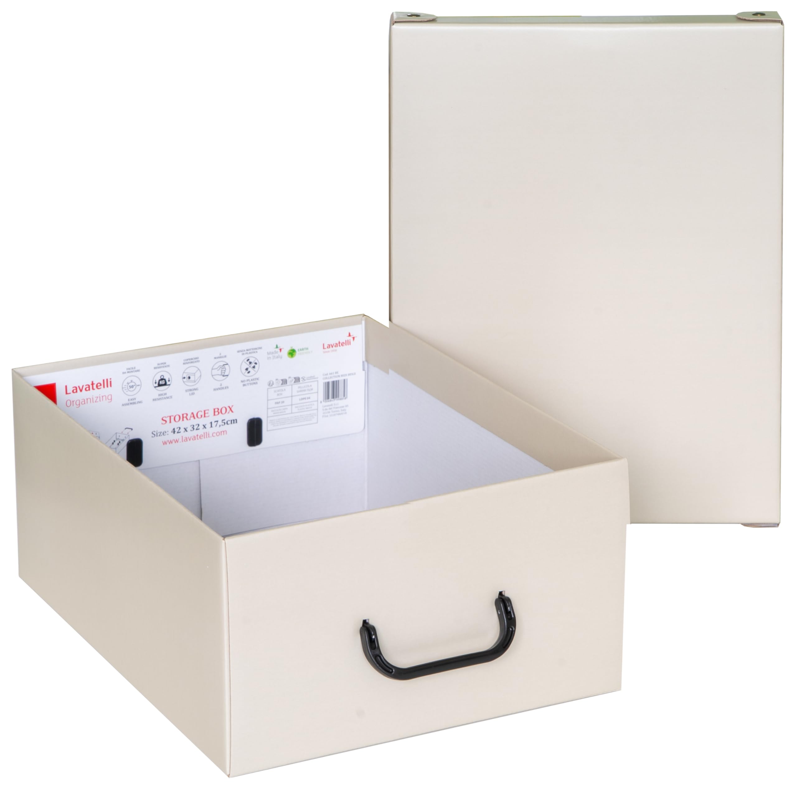 Lavatelli – 6er Set Aufbewahrungsboxen aus Karton mit Deckel & Griffen, faltbare Ordnungsboxen für Kleidung, Bettwäsche, Saisonwechsel, robuste & dekorative Kleiderboxen, Beige, 32x42x17,5 cm, Größe M