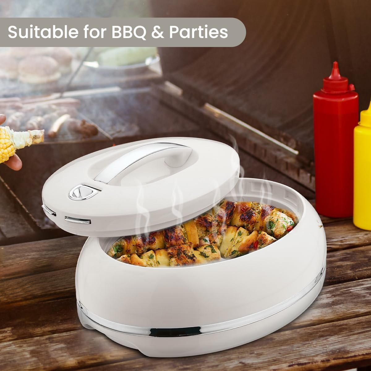 Elegante casseruola ovale isolata grande – coperchio aperto con una mano – 0,9 l – scaldavivande di lusso – ciotola termica per buffet/feste – contenitore per alimenti caldi in acciaio inox – argento
