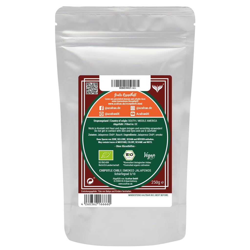 Azafran BIO Chipotle Chili Pulver gemahlen - Geräucherter Jalapeno - Chilipulver 250g