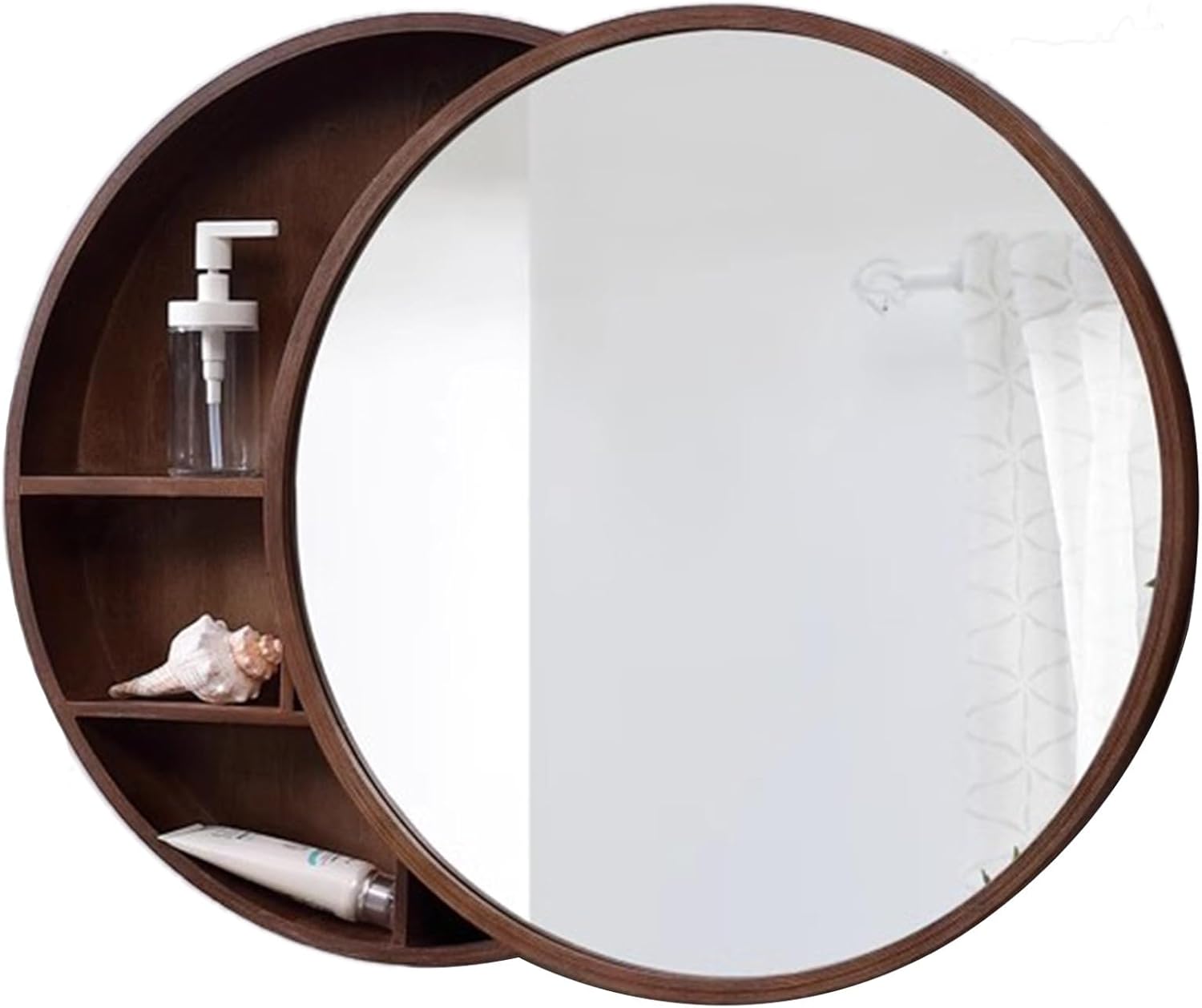 Round Mirror Cabinet Brown Bathroom Mirror Cabinet Wall Mounted Cabinet With Mirror Round Makeup Mirror With Storage Rack Bathroom Cabinet(70cm/27.6in)