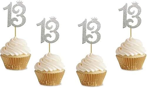 Decoración para magdalenas con purpurina para fiesta de cumpleaños número 13, aniversario, fiesta, paquete de 24 adornos para cupcakes con el número