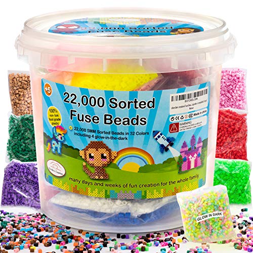 shinshin creation 22,000 Pre - Sorted Fuse Melty Beads Bucket Size 5mm 32 Colors Including Glow in The Dark