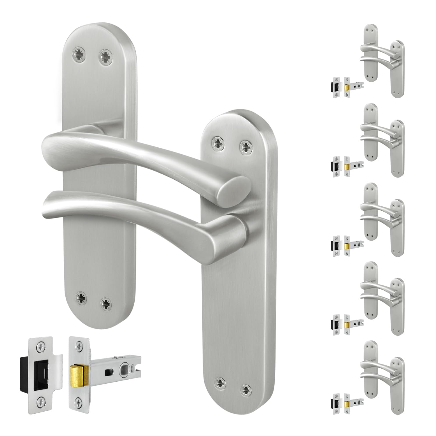 Eai Satin Nickel Satin Door Handle Latch Set, 6 Pairs Of Internal Lever T-Bar Handles Backplate Latches 64Mm - Novoli