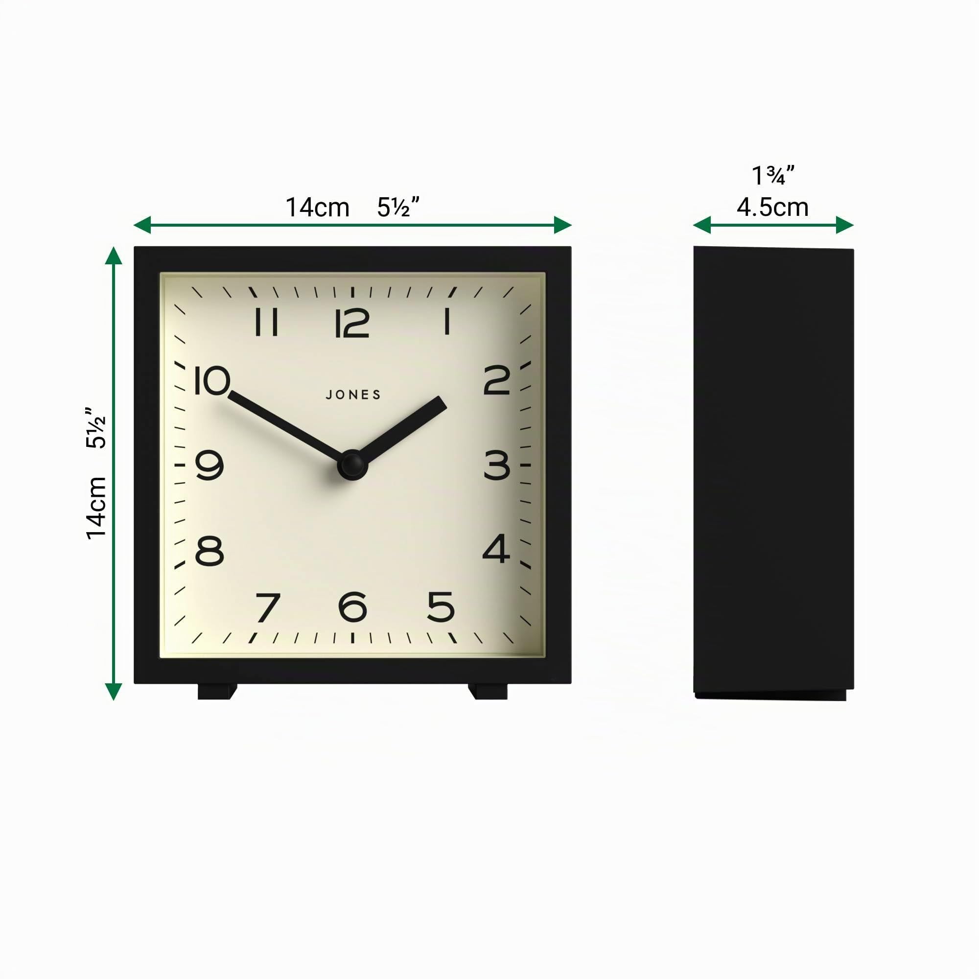 JONES CLOCKS® Disco Reloj de Escritorio | Diseño Cuadrado y Elegante | Negro | Elegante y fácil de Leer para estantería, Mesa, repisa o mesilla de Noche