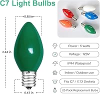 Vista 5 de Paquete de 25 bombillas de repuesto de luces de Navidad de cerámica multicolor C7, 5 W, base de candelabro E12, bombillas incandescentes para cadena