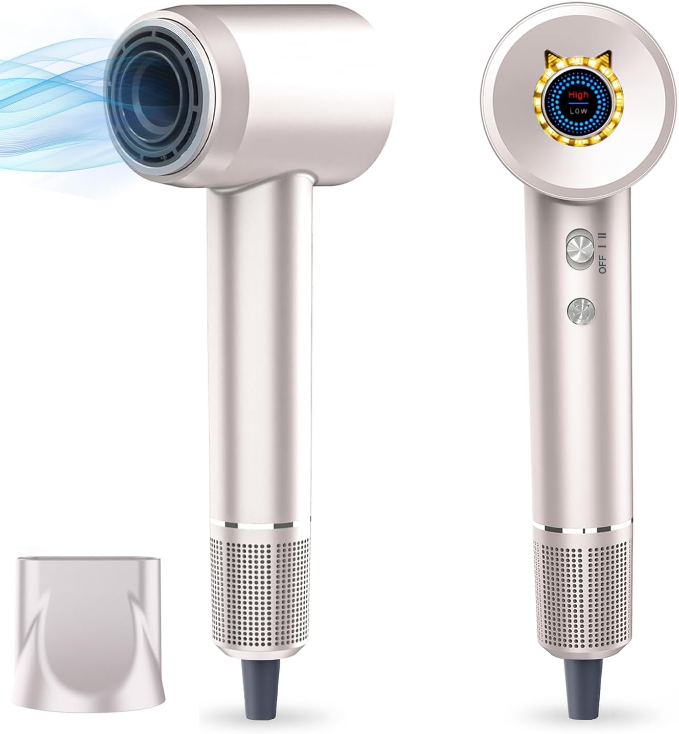 Hair Dryer, 110000 RPM High Speed Brushless Motor Negative Ionic Blow Dryer for Smooth Fast Drying Hair, Low Noise Thermo-Control Hair Dryer with Nozzle, 1500W 3 Temps 2 Speeds (Light Gold)