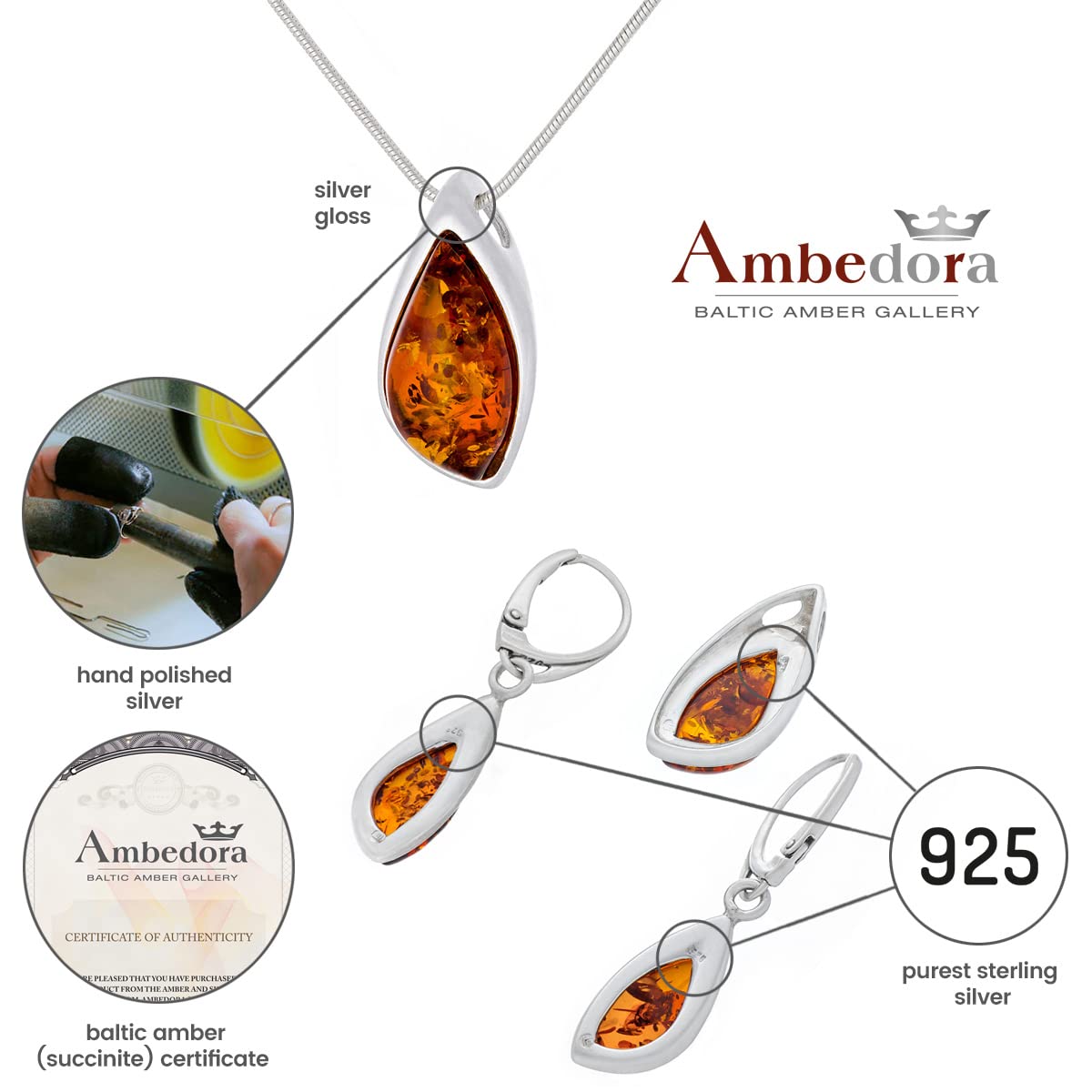 Piccolo set di gioielli da donna Ambra 846B, ciondolo con collana e orecchini, ambra baltica color cognac, argento sterling 925, idea regalo