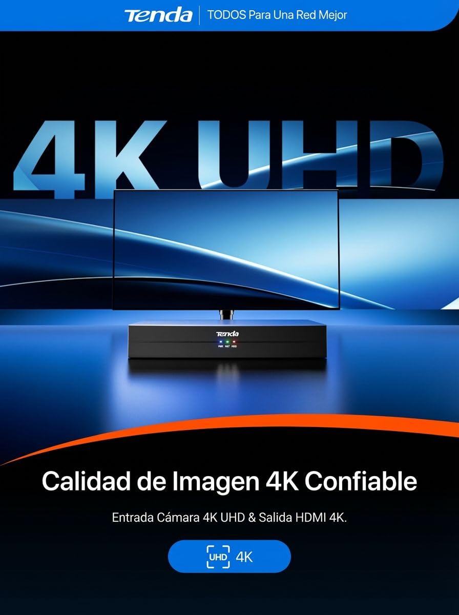Tenda 4K 8 Canales NVR PoE Grabador de Vigilancia, H.265+, Plug and Play, Soporte para 8MP Cámaras IP, Almacenamiento HDD 10TB/Cloud, Acceso Remoto App, 4KV Protección Contra Sobretensiones, TN3108-8P