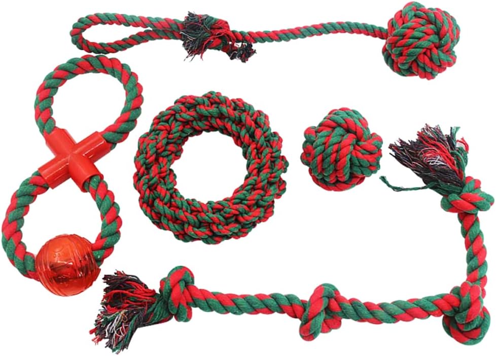 PUPTECK Christmas Dog Rope Toys - 5 Pack Durable Training Chew Ropes Benefit Dog Dental Cleaning and Health, Strong Interactive Dog Toys…
