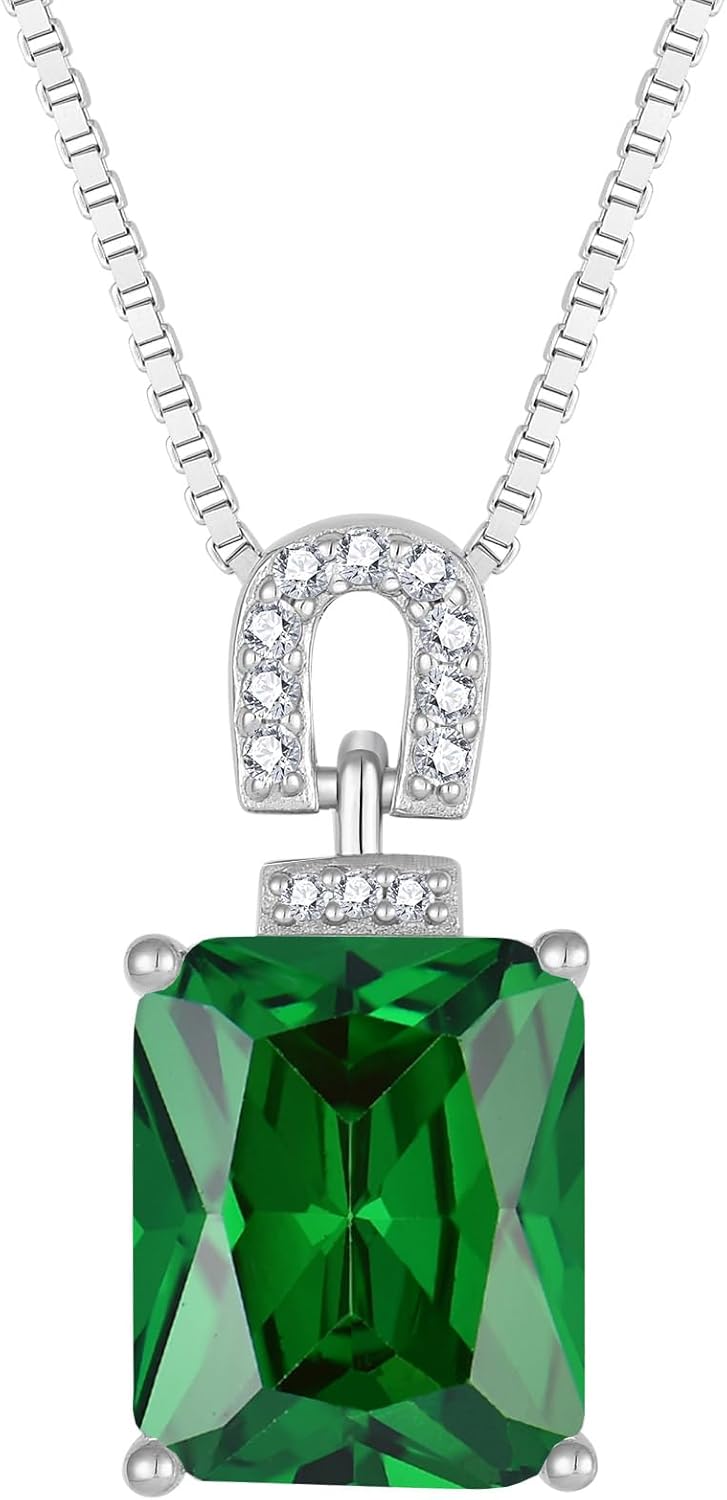 Inpasne Emerald Cut Necklace 925 Sterling Silver Baguette Birthstone Pendant Necklace Jewelry Gifts for Women