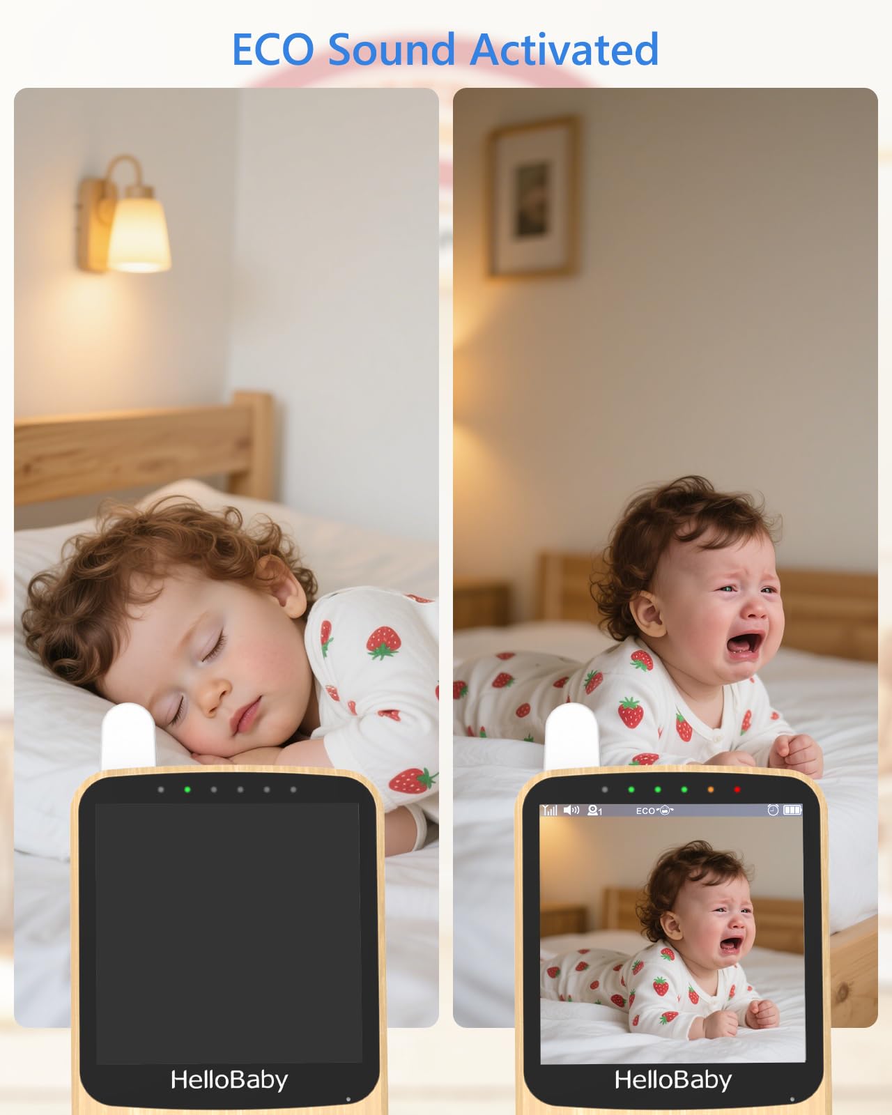 HelloBaby Babyphone Caméra sans WiFi ，Ondes PTZ 4" Vision Nocturne, Autonomie 26h (2800mAh), Portée 300m, Alerte Température and Pleurs, Montage Murale,Voyage