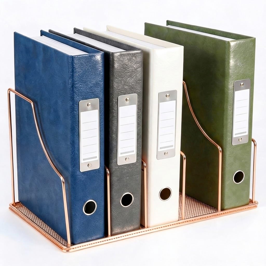 Simmer Stone Rose Gold Binder Organizer for Desk, 5 Slot Metal Wire Vertical File Sorter with Mesh Bottom, Desktop Magazine Holder Rack for 2 Inch