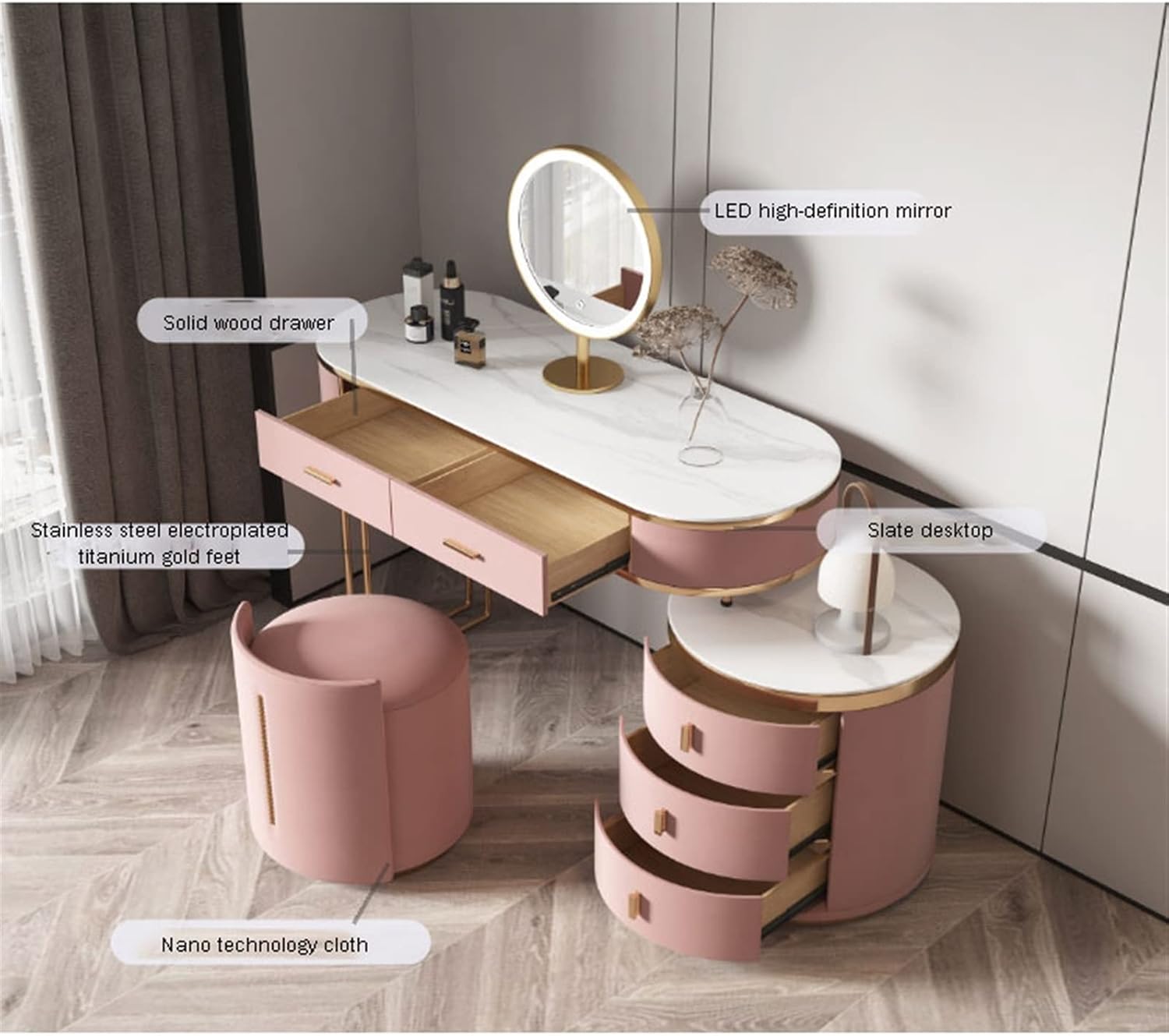 Vanity Dressing Table Set Luxury Makeup Bench with 3 Colors Led Hd Mirror,Comfortable Stool Drawers Cabinet,Modern Simple Style,for Girl's Gift (Color : Type B, Size : 120CM) (Type B 80CM)