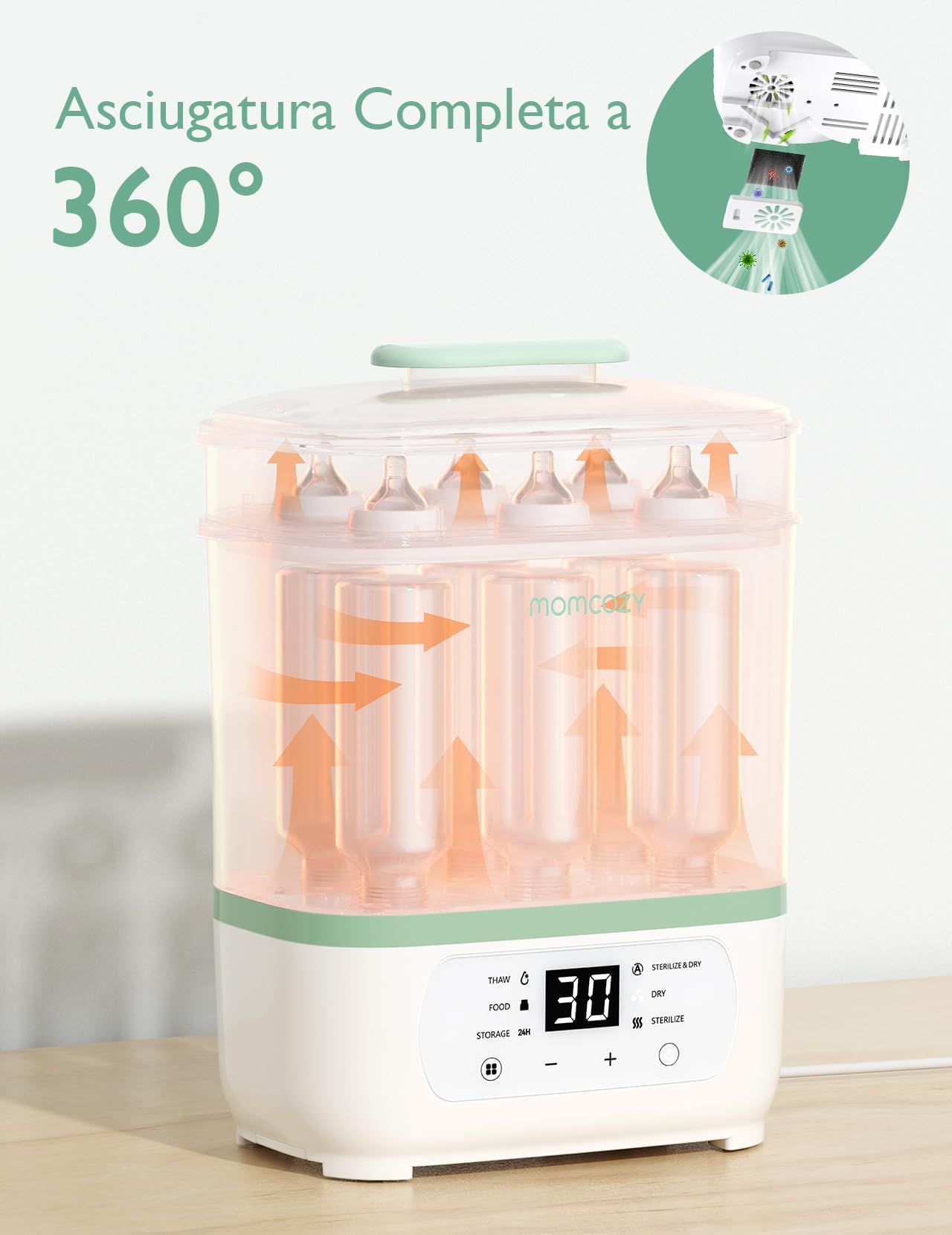Momcozy Sterilizzatore Biberon Elettrico a Vapore 3-in-1 – Sterilizza, Asciuga e Riscalda, Elimina Molti Batteri Comuni In Vari Scenari d’Uso, Capacità 8 Biberon, Protezione Antigermi 24h