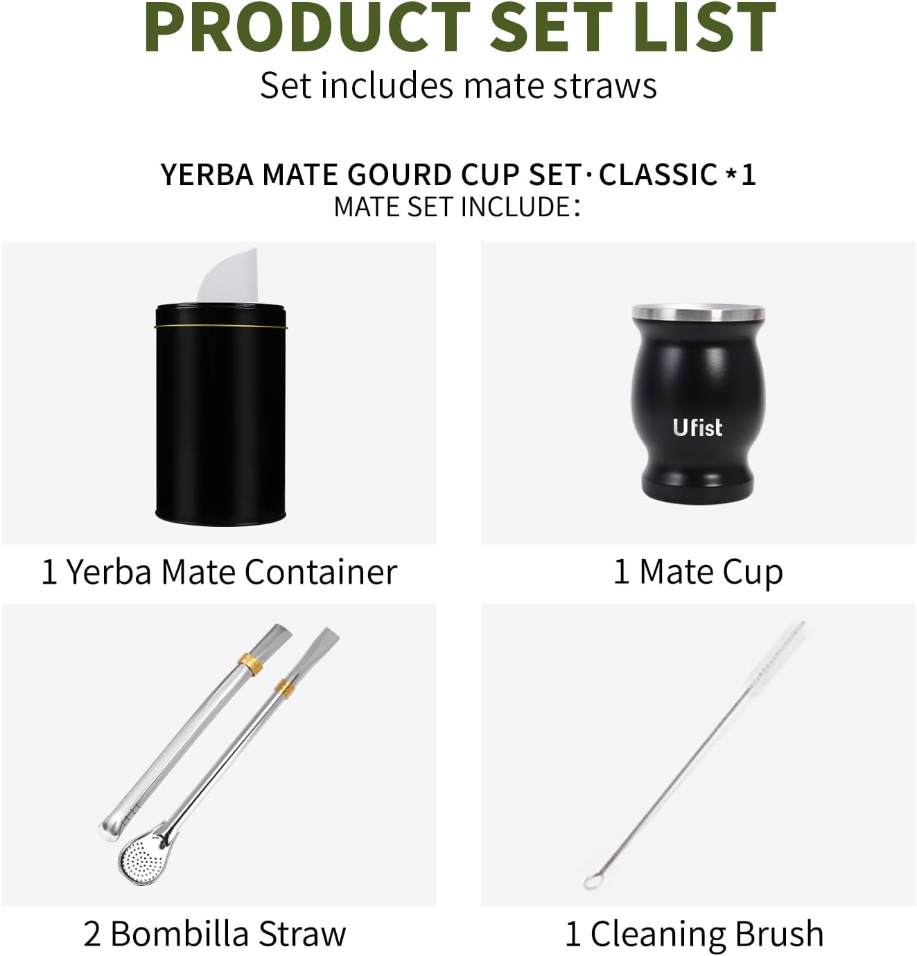 Yerba Mate Cup Set, 5-Piece Traditional Gourd Kit with Tea Container, 2 Bombillas, Cleaning Brush (Black) - Image 3