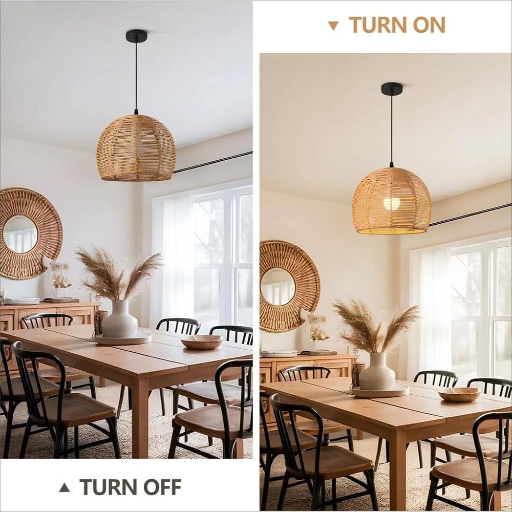 Lampa Wisząca Boho 11,81 Cala, Ręcznie Tkana Naturalna Lampa Wisząca Z Wikliny, Lampa Sufitowa W Stylu Vintage Do Sypialni, Salonu, Kuchni, Wyspa, Żyrandol Z Liną Papierową, Oprawa Rattanowa