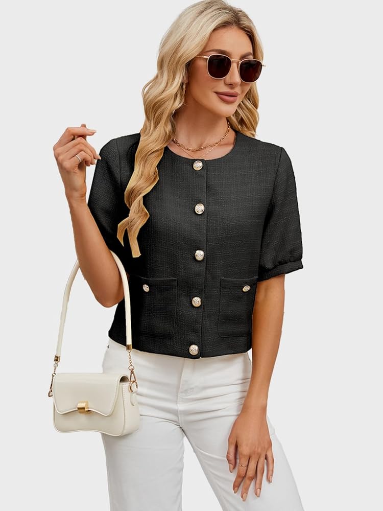 Amazon.com: LifeShe Puff Short Sleeve Tweed Jacket Women Cropped