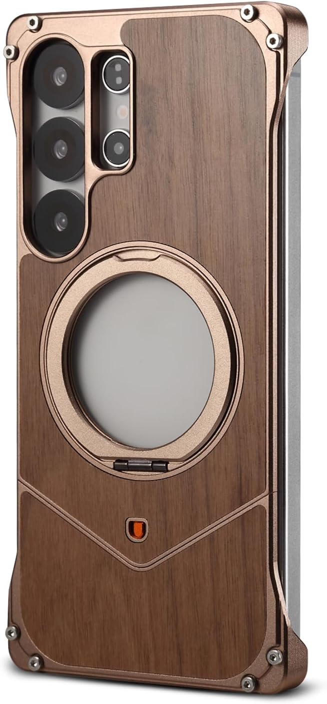 360° Spin Magnetic Stand for Samsung Galaxy S25Ultra Metal Bezel-Less Skeleton Half Wrap Phone Case Solid Wood (Gold, Samsung Galaxy S25 Ultra)