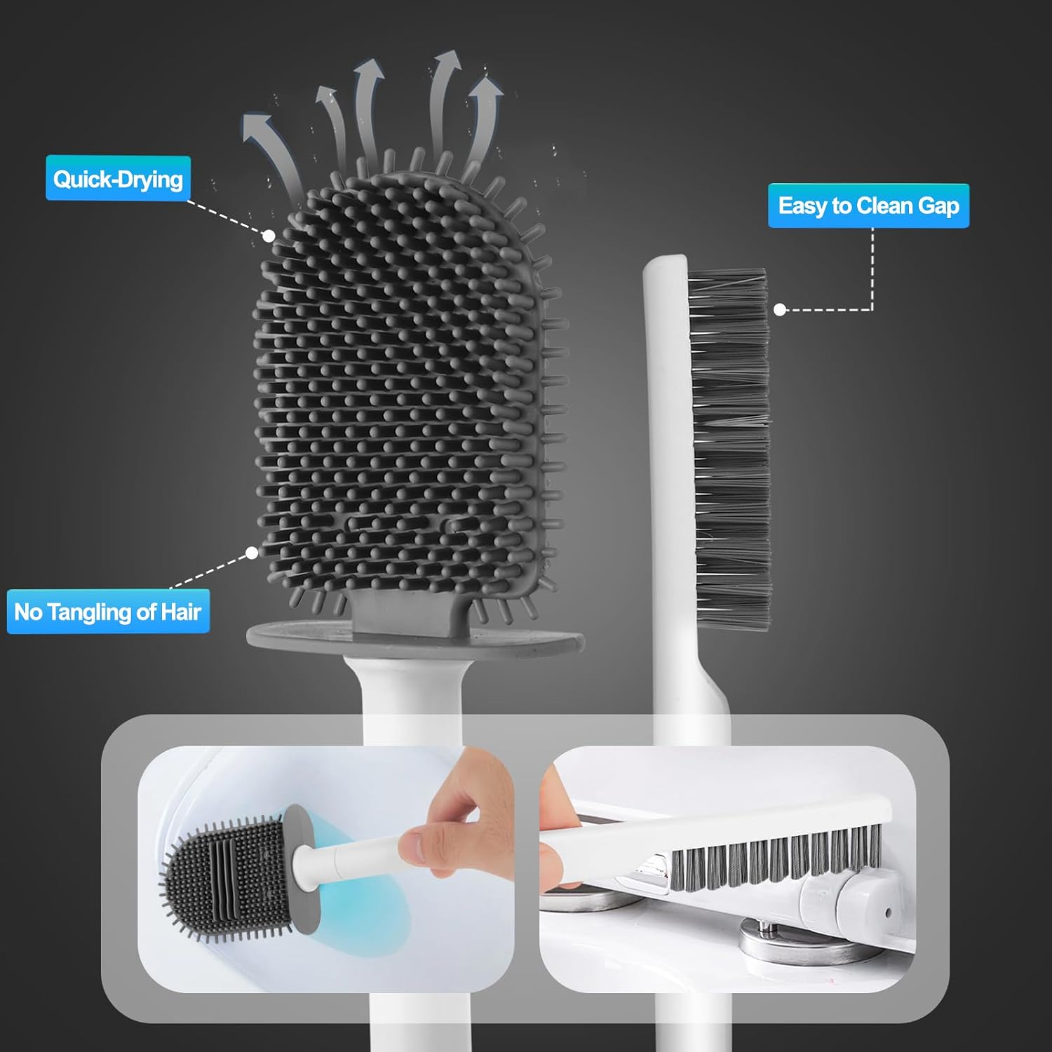 Toilet Brush and Holder-Flexible Toilet Bowl Brush Head with Silicone Bristles, Wall Mounted Nail-Free Installation, Multifunctional Gap Brush, Ventilation Slots Base (2 Pack, Wood)