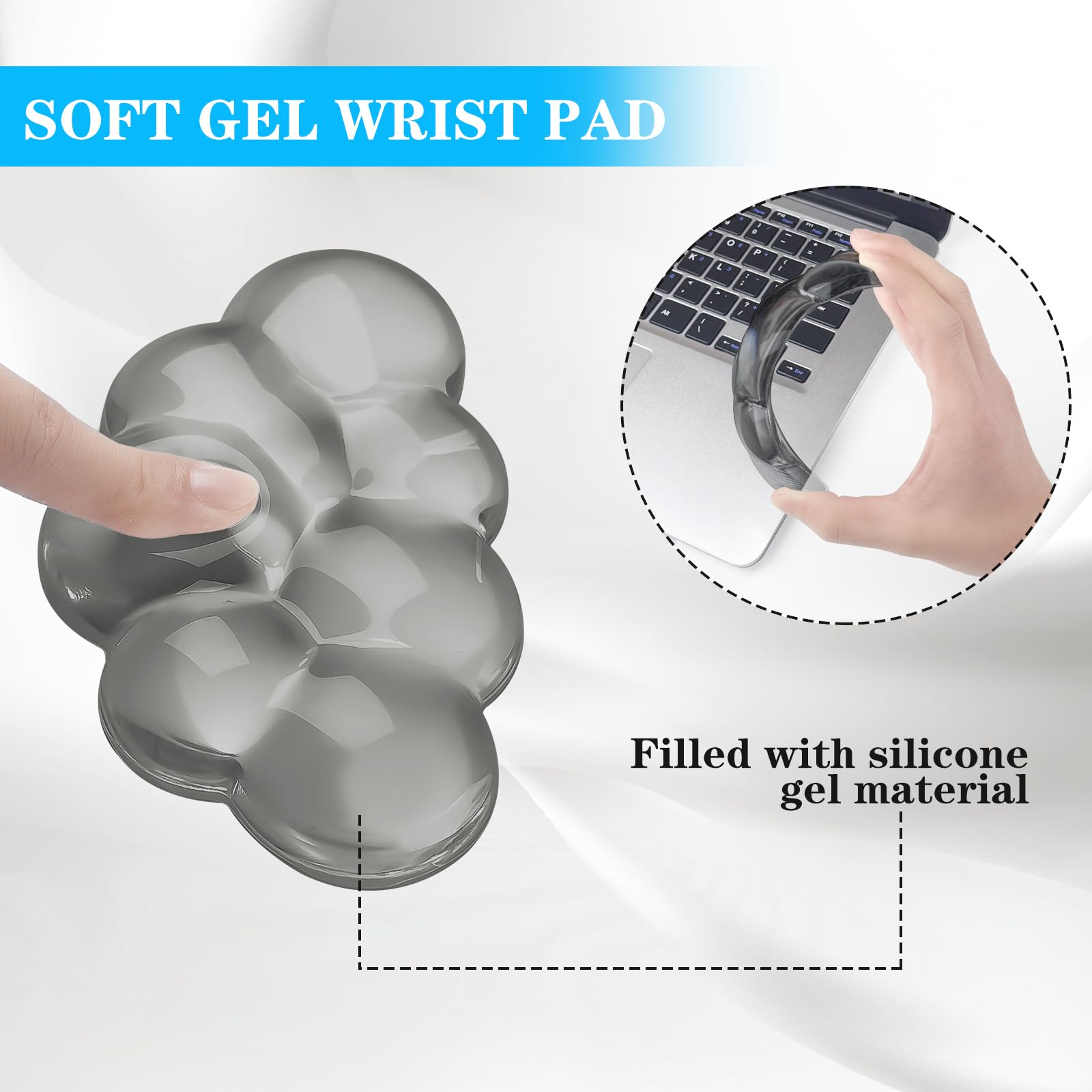 Reposamuñecas de gel para ratón, bonito soporte de muñeca y soporte de brazo para mouse para alivio del dolor, adecuado para oficina, computadora, laptop, juegos (gris transparente)