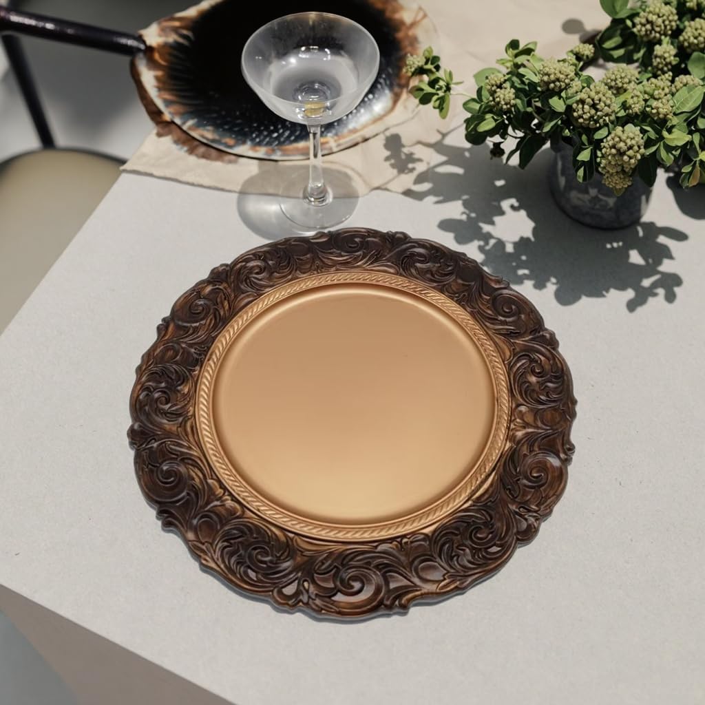 Xiangjin 12-piece antique-style round charging plates, plastic dinner decorative plates with embossed floral design, suitable for wedding, birthday party, and other event table decorations