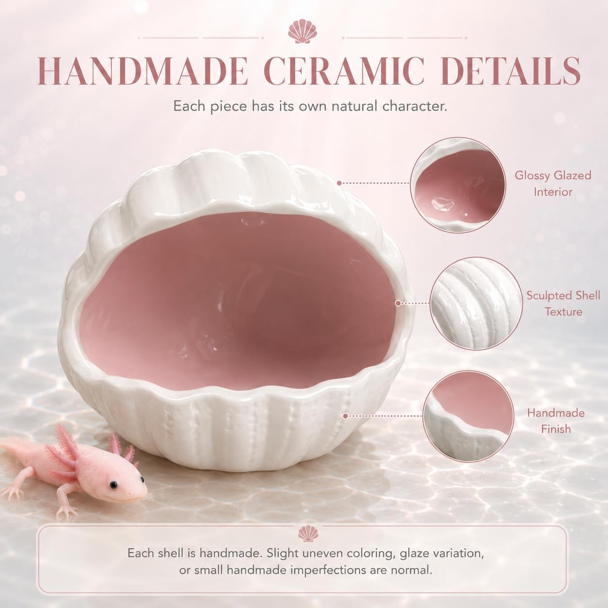 3Pcs Axolotl Tank Accessories, Hide Shell Shape Ceramic Fish Tank Cave, Silk Plants, Feeder Bowl, Fish Tank Decor Shelter for Small Pet Frog Fish Betta (Pink, Medium) image 4