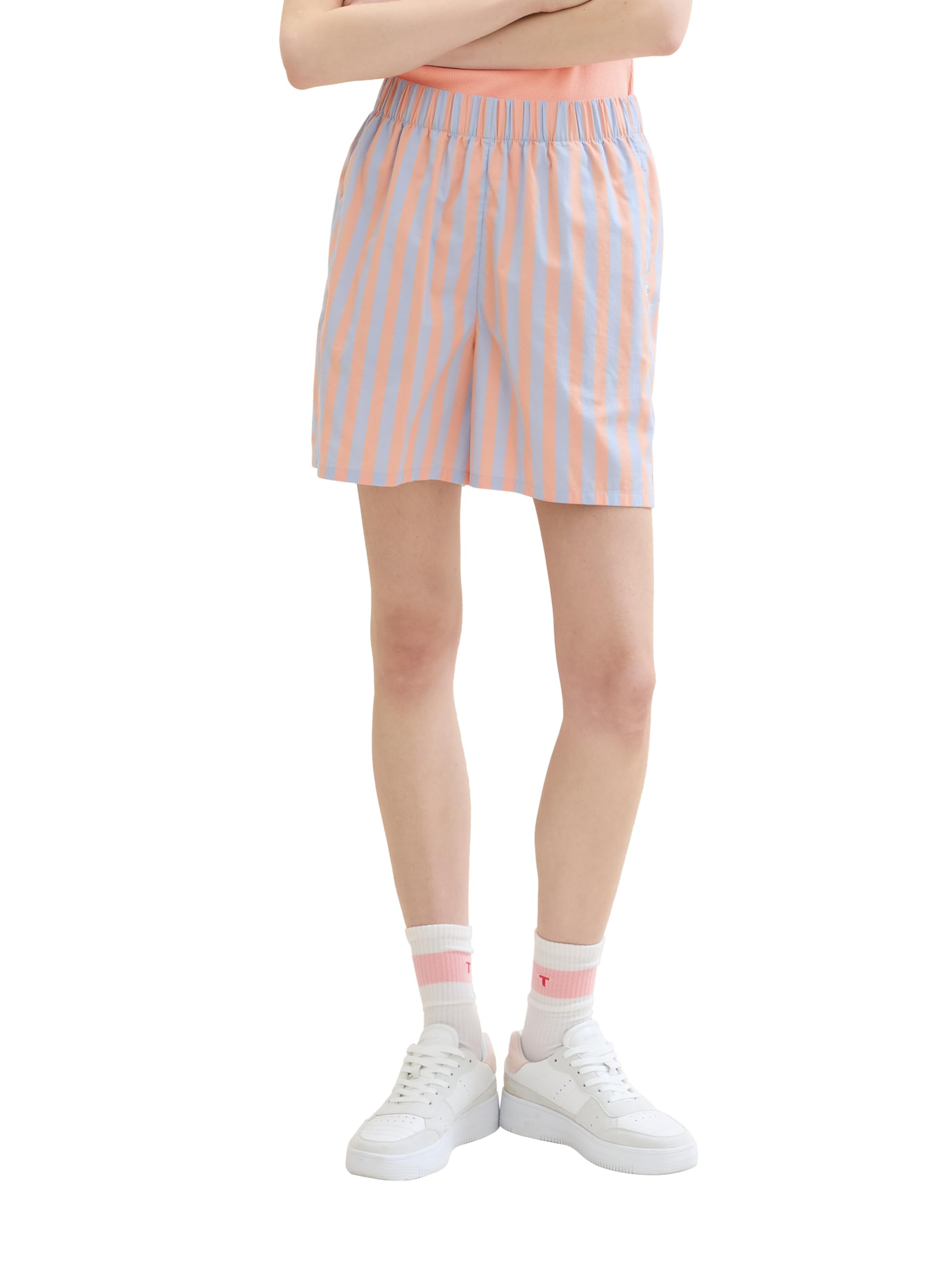 TOM TAILOR Denim Women's Basic Poplin Shorts with Stripes, 35328 - Terracotta Mid Blue Stripe, XL