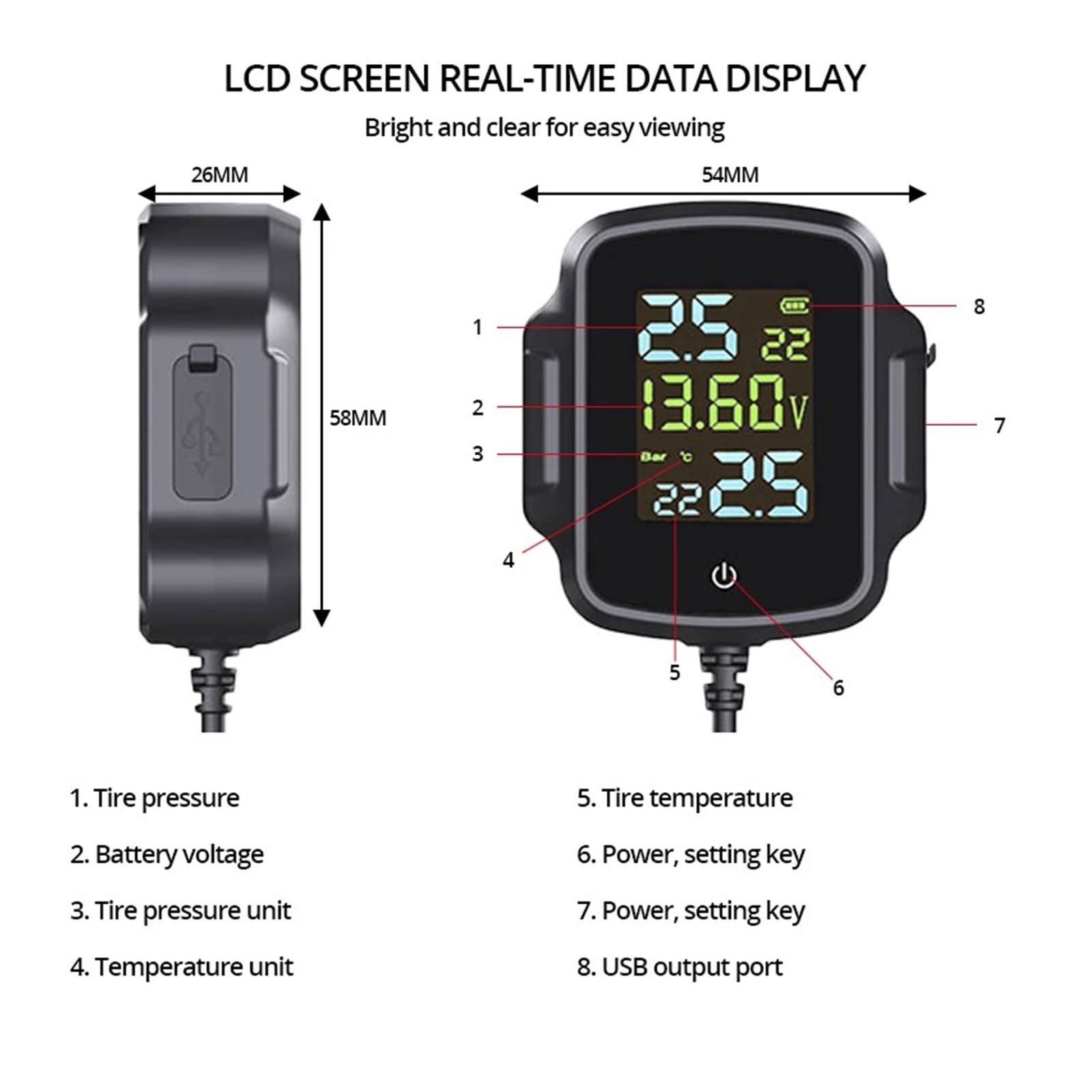 di Monitoraggio della Pressione dei Pneumatici Tpms for Moto Schermo LCD Visualizzazione Digitale in Tempo Reale Batteria Temperatura Rilevamento Preciso(External sensors)