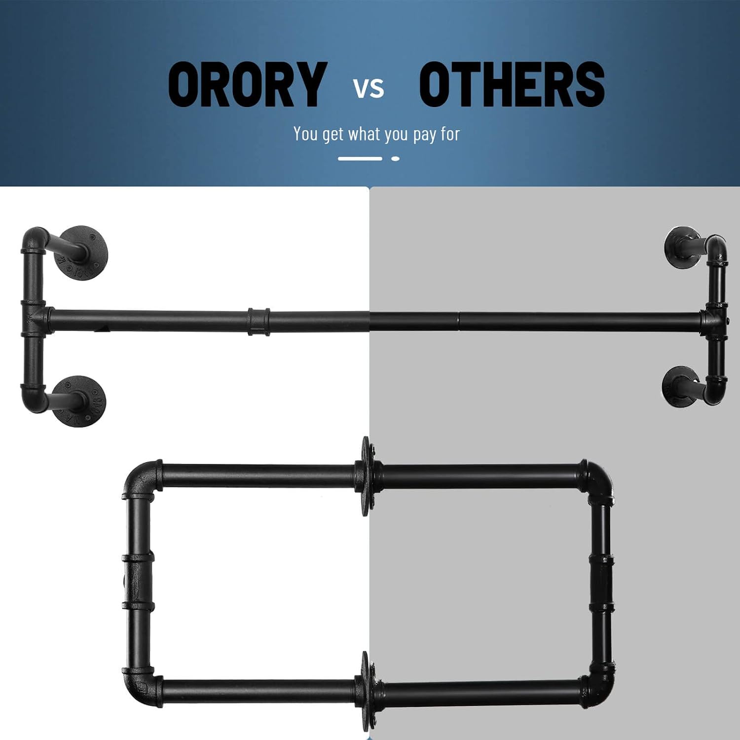 OROPY Clothes Rack Industrial Pipe, Heavy Duty Detachable Wall Mounted Black Iron Clothing Garment Bar, Multi-purpose Hanging Rod for Closet Storage, 44.3" L × 12.2" W, Black (Four Base)