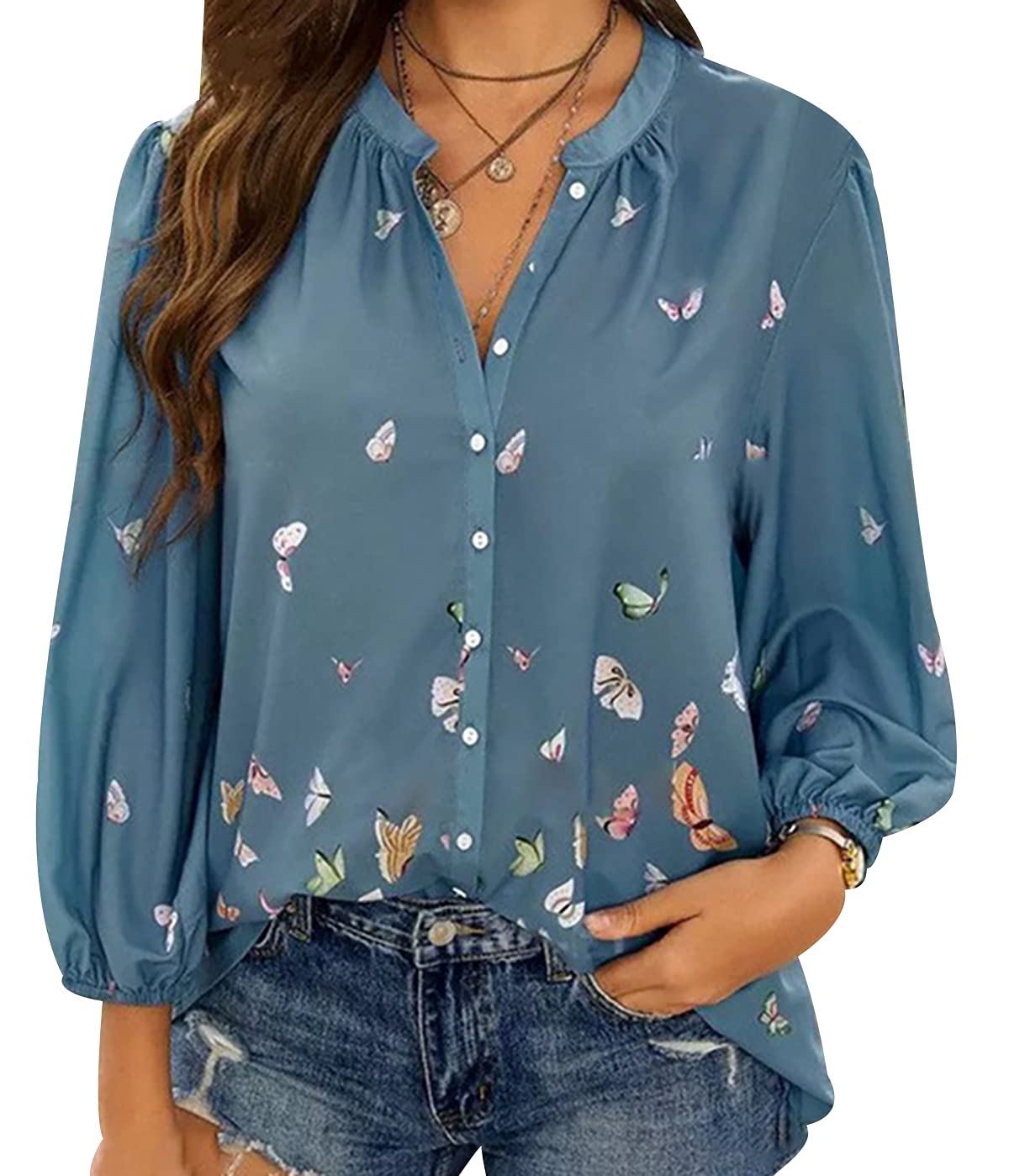 Peuignao Blusas Mujer Blusa Manga Larga Escote V Mujer Camisas Camisa Trabajo Botones Mujer Tallas Grandes Blusa Flores Gasa Elegante Señora Larga Talla Grande Blusas de Mujer Chifon Elegantes Casual Anchas