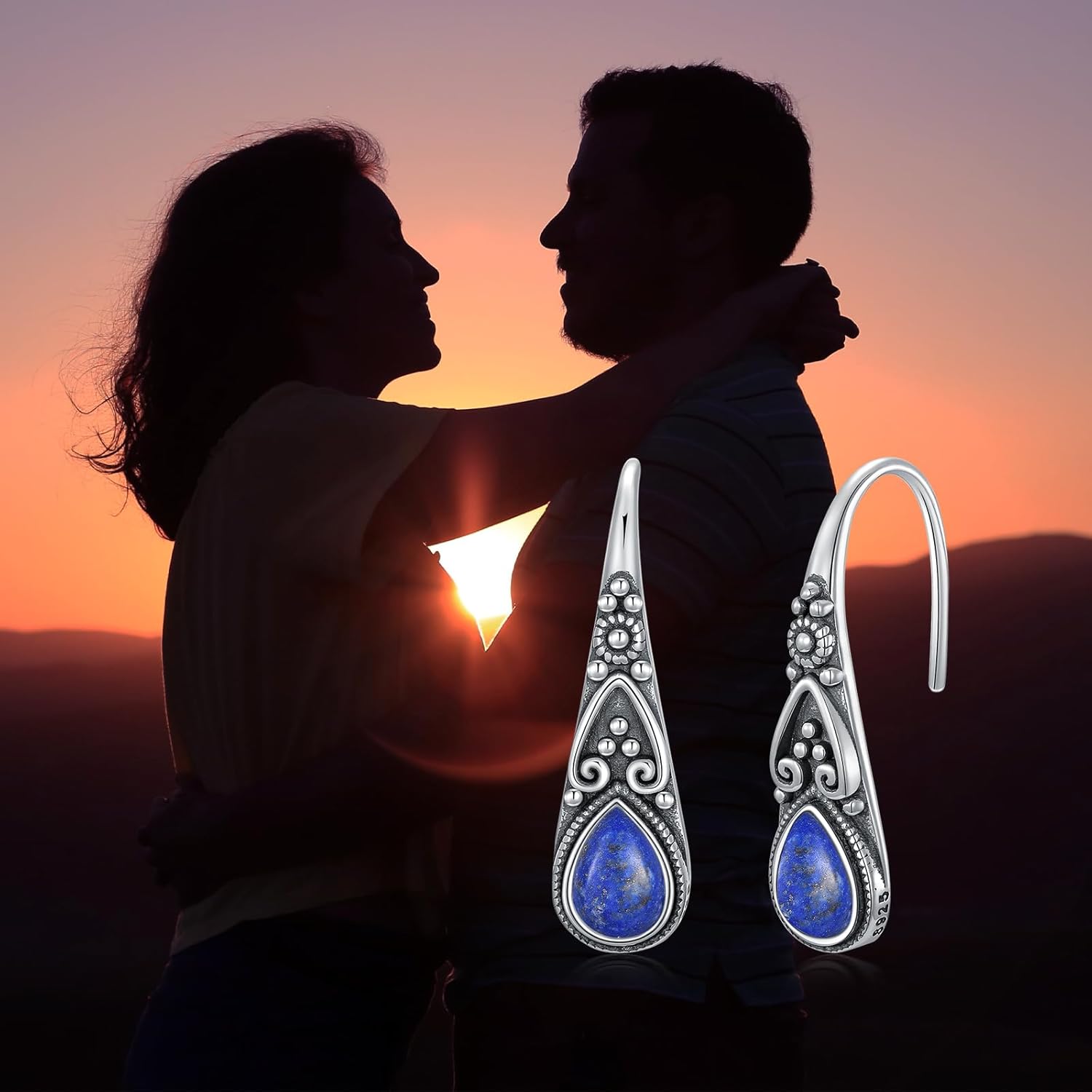 925 Sterling Silver Vintage Water Drop Pull Through Drop Earrings with Black Onyx/Moonstone, Birthday Mother's Day Gift for Women - Image 6