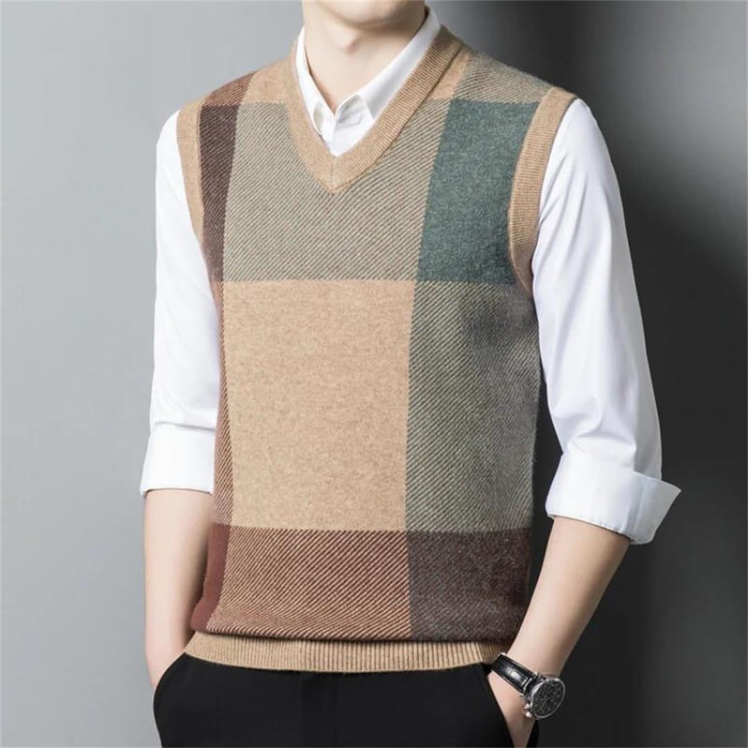 Men's Sweater Vest V-Neck Warm Plaid Sleeveless Pullover for Daily Versatile Wear Thick Jumper