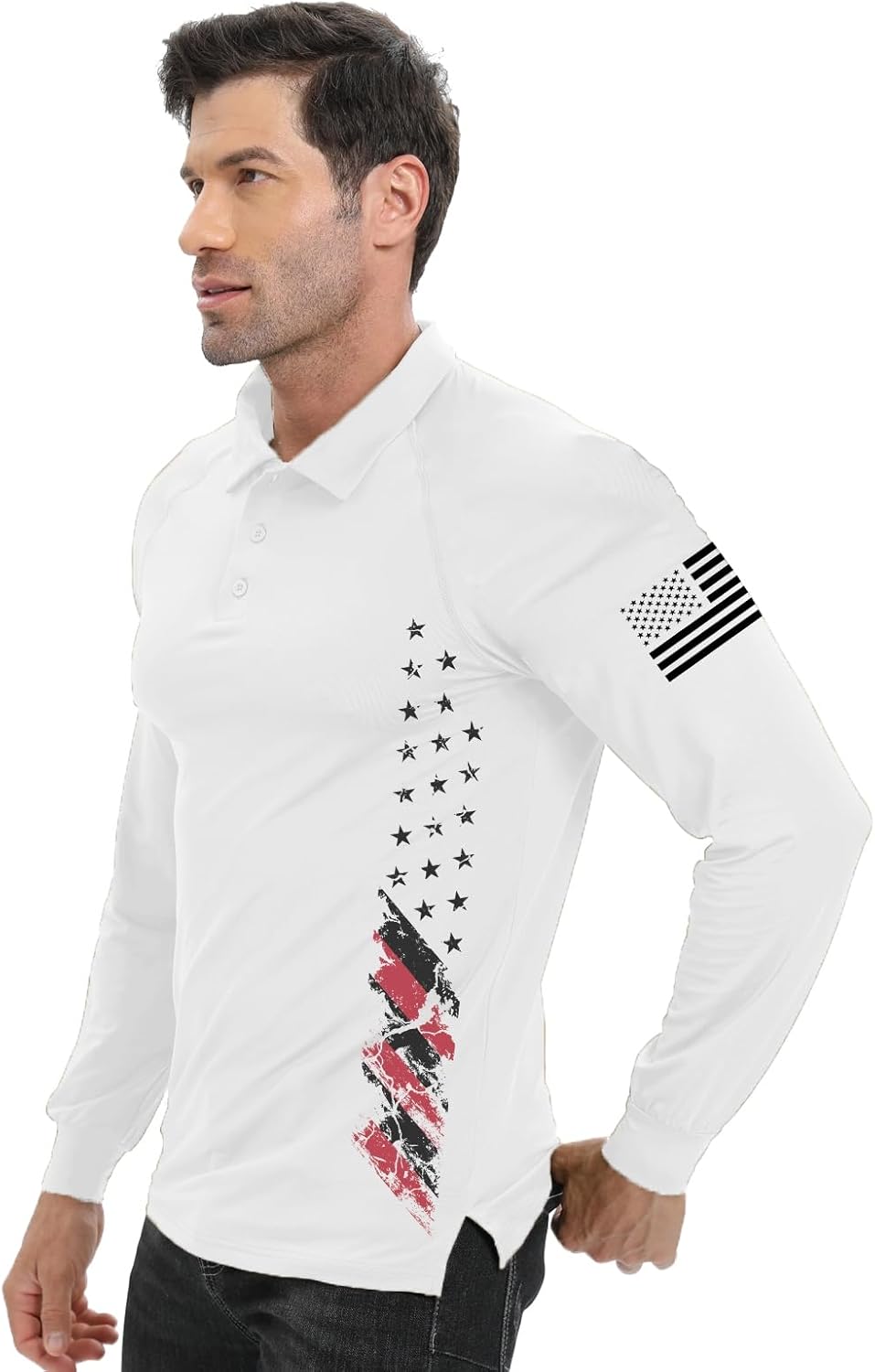 H HYFOL Long Sleeve Polo Shirts for Men Graphic Stretch Casual American Patriotic Raglan Golf Polos for Men