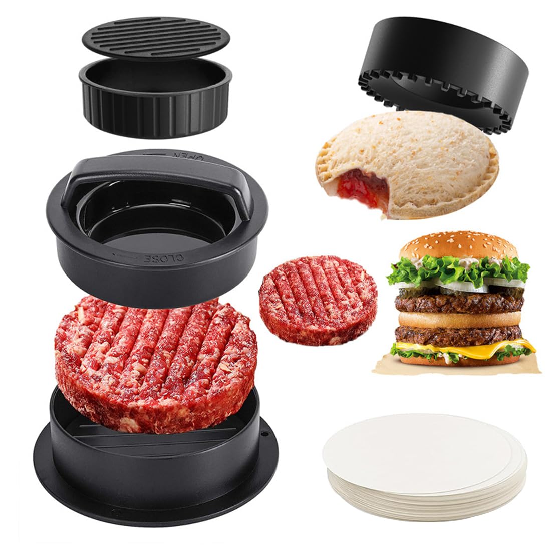 Presse à Hamburger 4 en 1, Antiadhésive Presse à Burger + 100 Feuilles de Papier Anti-adhésif, pour Délicieux Hamburgers, Galettes, Cheeseburgers, Barbecue