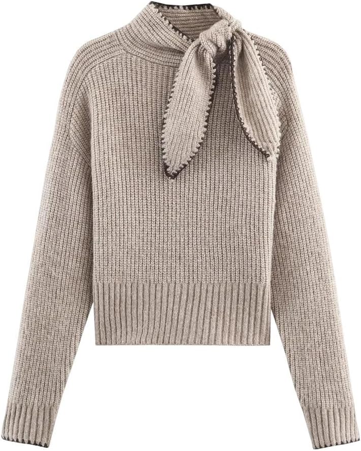 Women's Winter Fashionable Stand Up Collar Long Sleeve Bow Decoration Knitted Sweater for Women