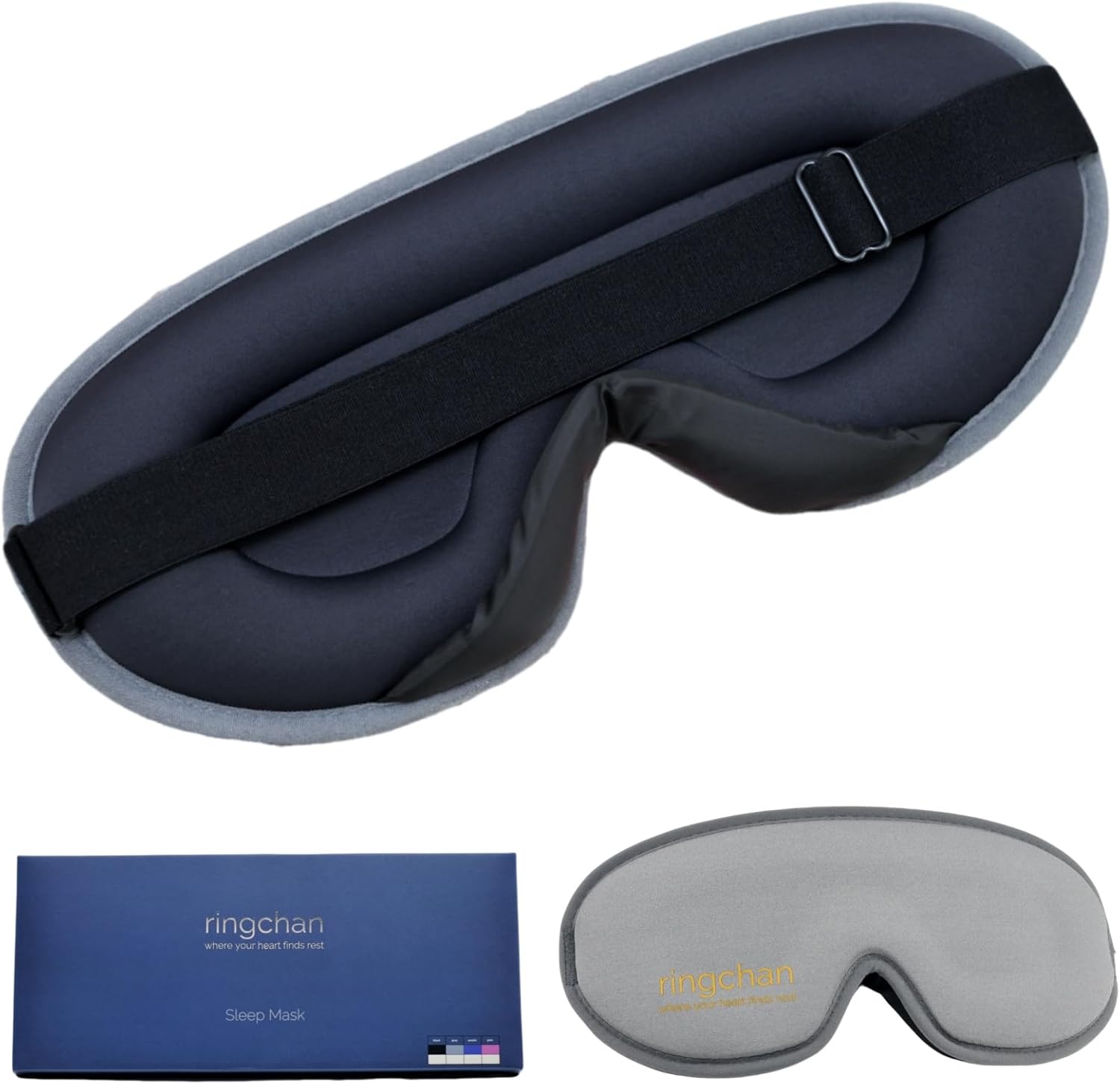 ringchan Complete Blackout 3D Sleep Mask – Contoured & Zero-Pressure Eye Cover for Sleep, Travel & Office Nap – Soft, Hair-Friendly Adjustable Strap – Slate Gray