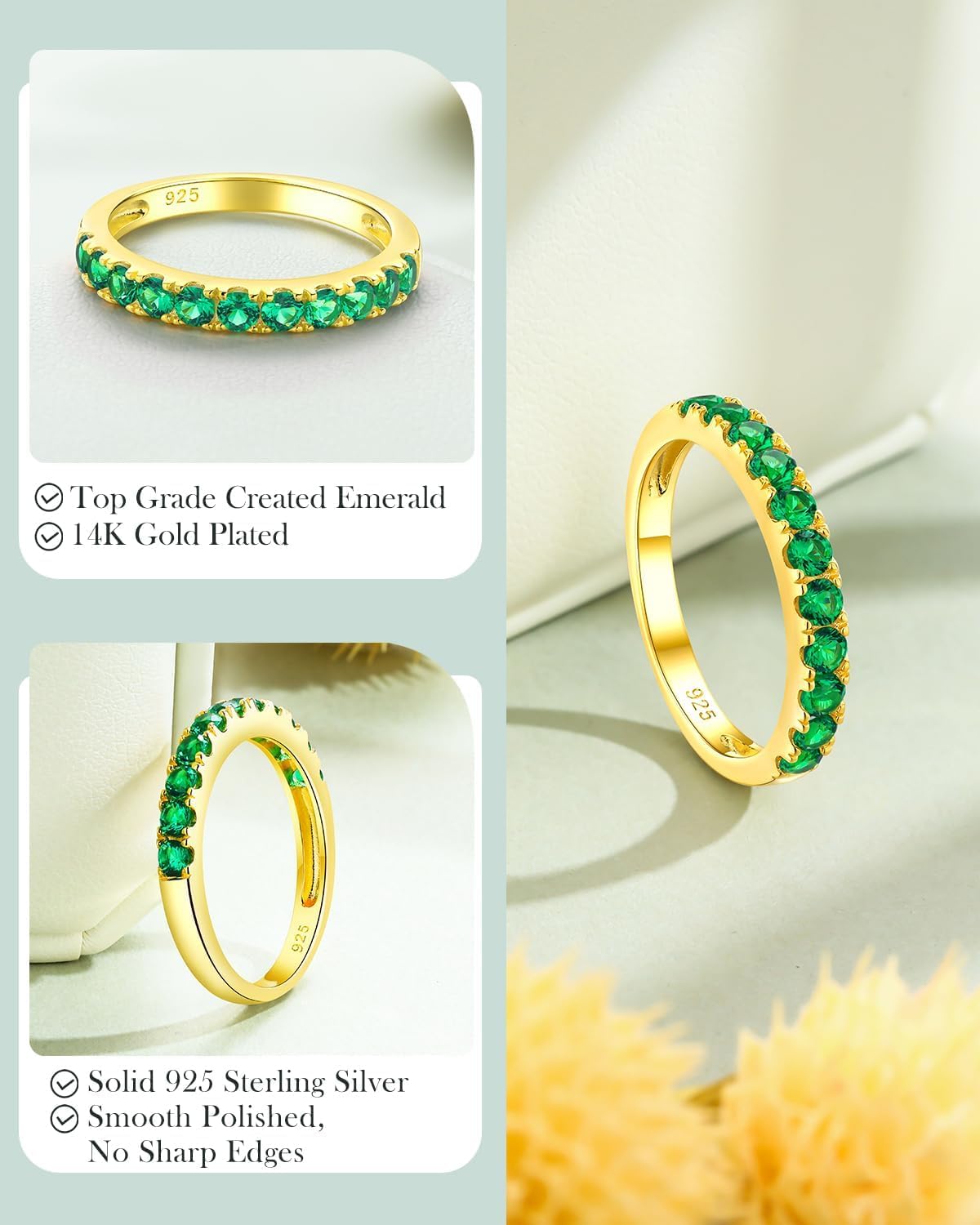 Created Ruby/Sapphire/Emerald Stackable Rings for Women 14K Gold Plated/ 925 Sterling Silver 2.2mm Wedding Band Ring (with Gift Box)