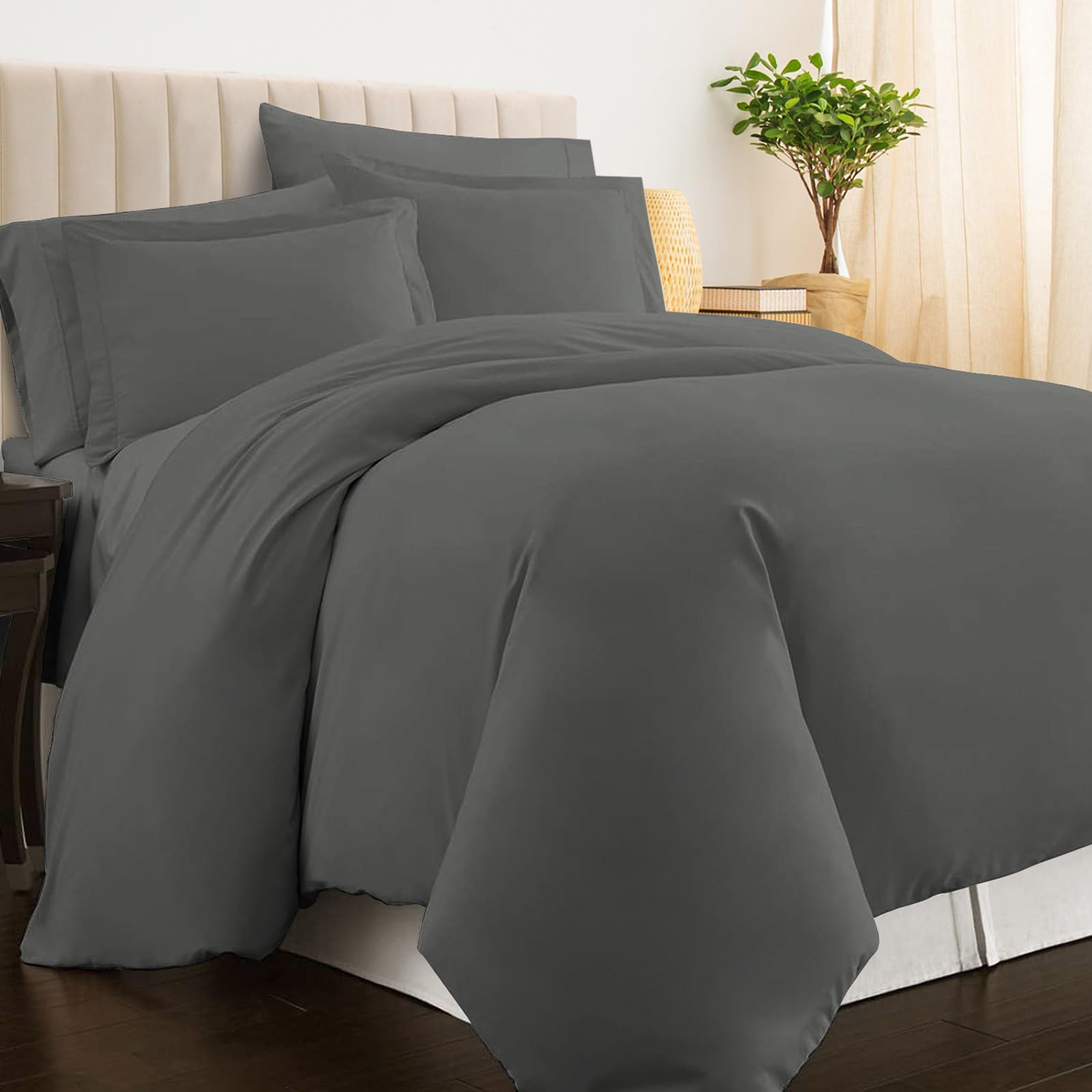 Pizuna Pure Combed Cotton Single Size Duvet Cover 140x200 cm Dark Grey, 400 Thread Count Cool Breathable 100% Long Staple Cotton Sateen Weave Quilt Cover & 1 Pillowcase (Dark Grey Bedding Set)