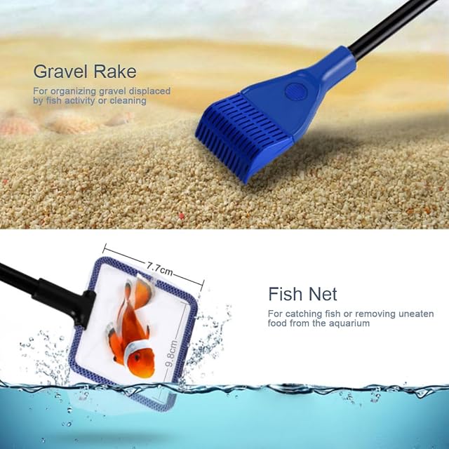 Foto 5 de 6 de BPS Kit de Limpieza para Acuarios 5 en 1 Herramientas con Mango Largo 60cm, Red para Peces, Rastrillo de Grava
