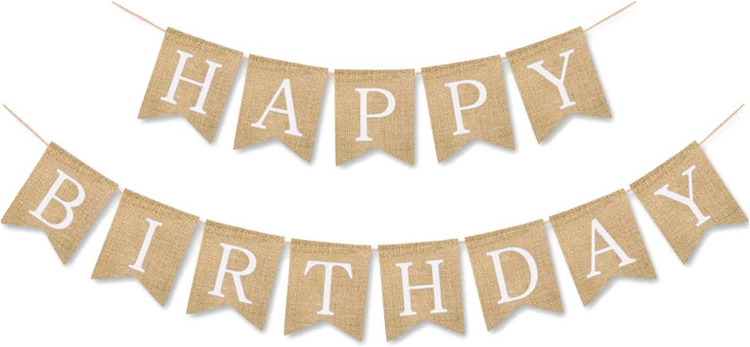 Andiker Vintage Burlap Happy Birthday Banner, 6.6 Feet Jute Hanging Bunting Garland for Birthday Party Decoration, Perfect for Indoor and Outdoor Parties (White)