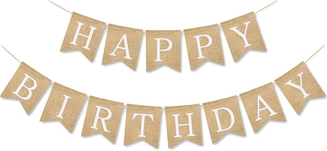 Andiker Vintage Burlap Happy Birthday Banner, 6.6 Feet Jute Hanging Bunting Garland for Birthday Party Decoration, Perfect for Indoor and Outdoor Birthday Parties (White)