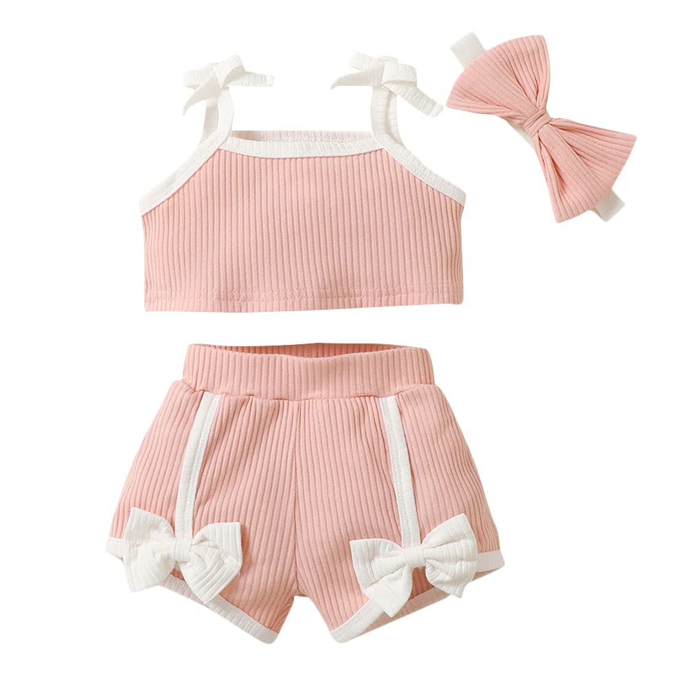 Girls Cotton And Polyester Solid T-shirt and Shorts with Headband in Pink Color