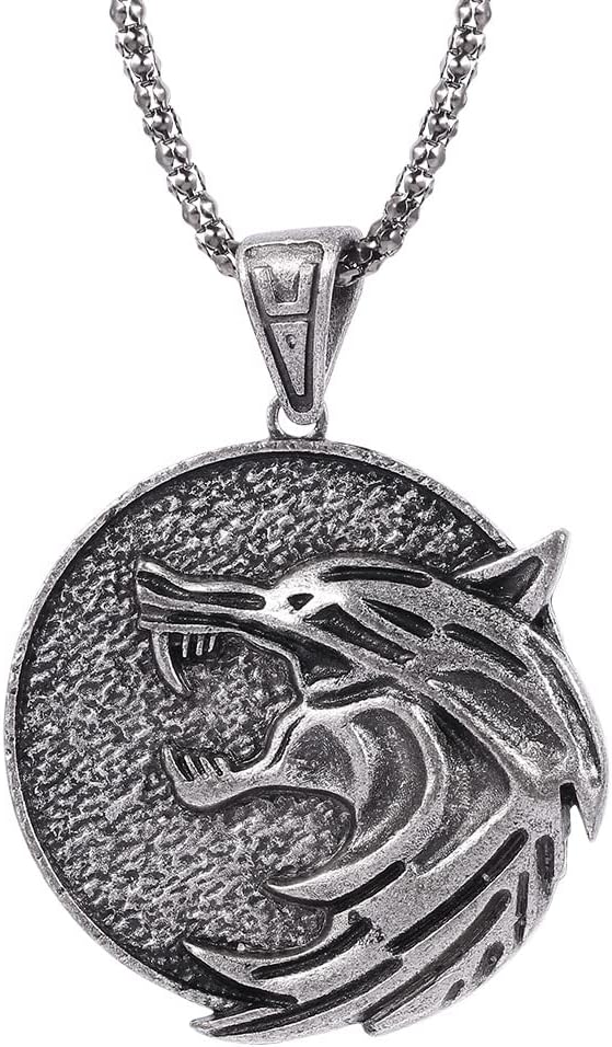 Witcher Necklace Medallion - Wolf School Hunter Pendant with 60cm Chain, Medieval Fantasy Amulet for Witcher Cosplay, RPG Gaming Jewelry Gift for Men Women