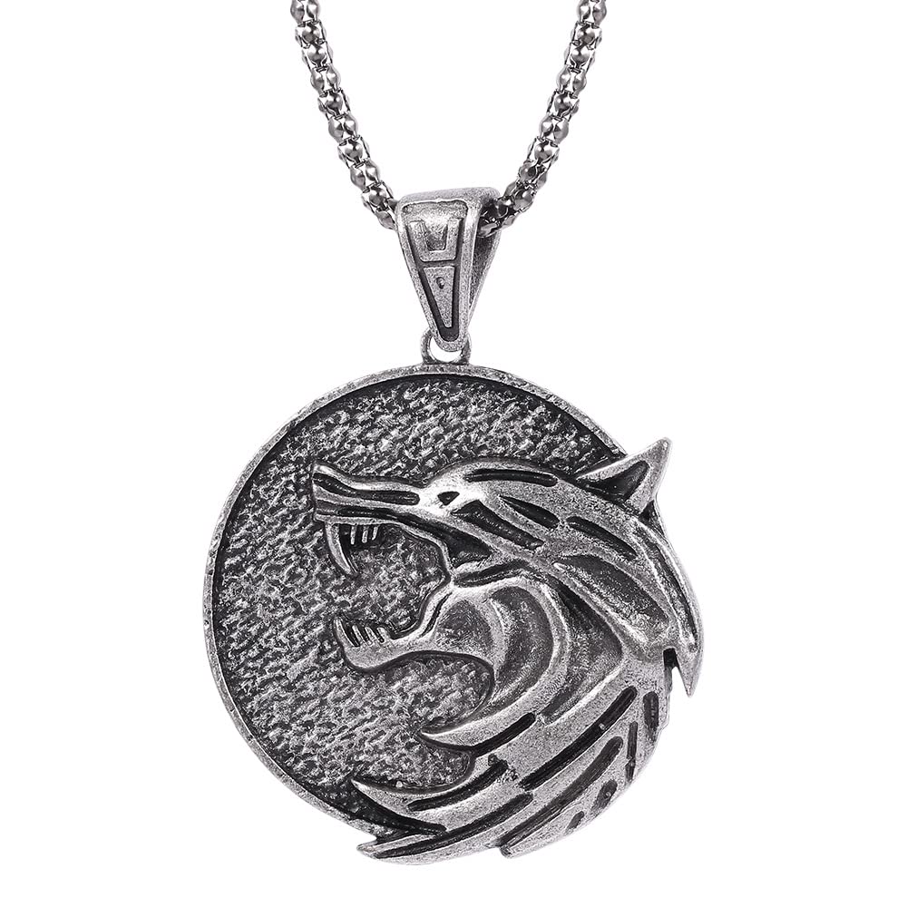 Witcher Necklace Medallion - Wolf School Hunter Pendant with 60cm Chain, Medieval Fantasy Amulet for Witcher Cosplay, RPG Gaming Jewelry Gift for Men Women