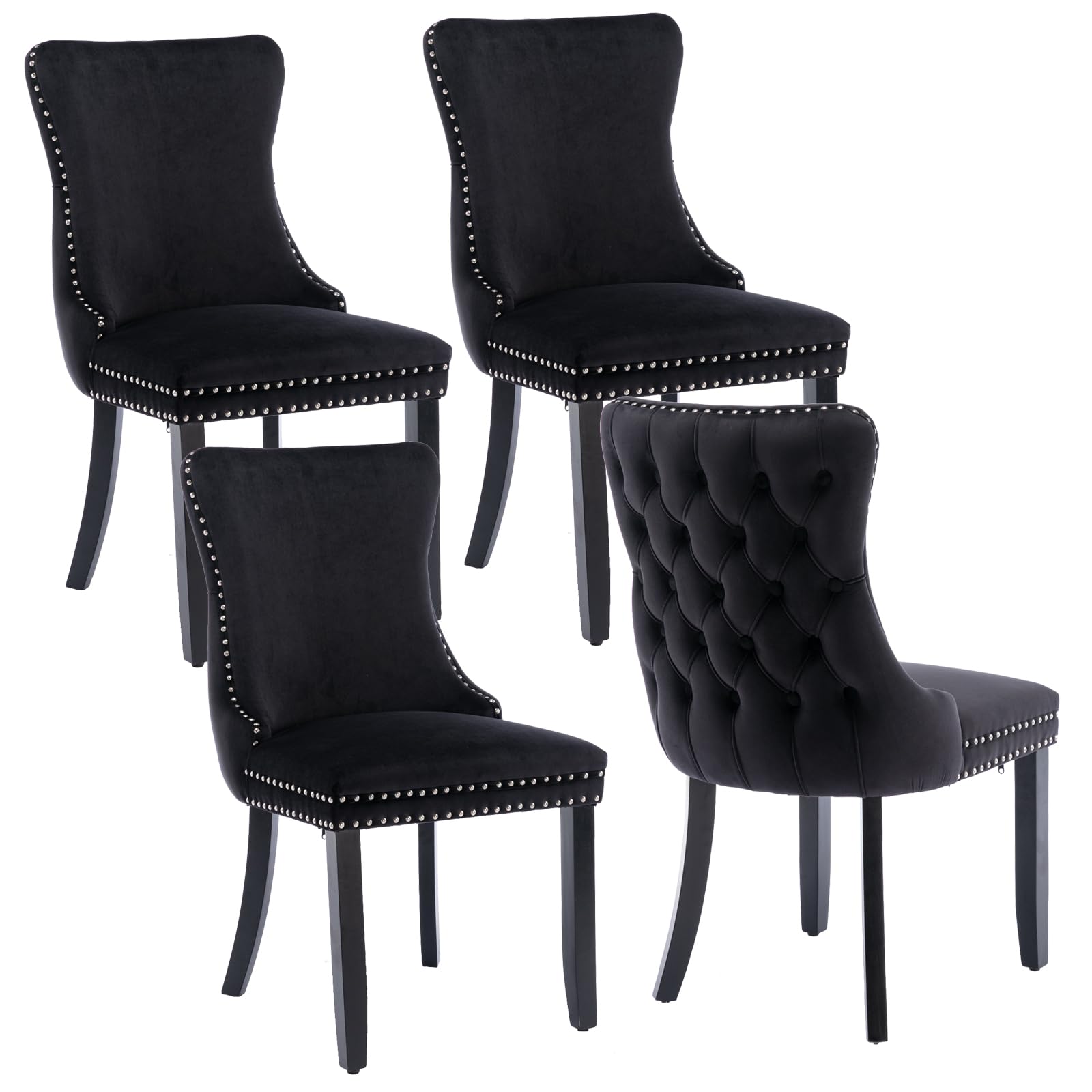 Velvet Upholstered Dining Chairs Set of 4 Wingback Kitchen Room Black Accent Chairs 4PC Solid Wood Leg Dinner Chairs with Nailhead Trim & Button