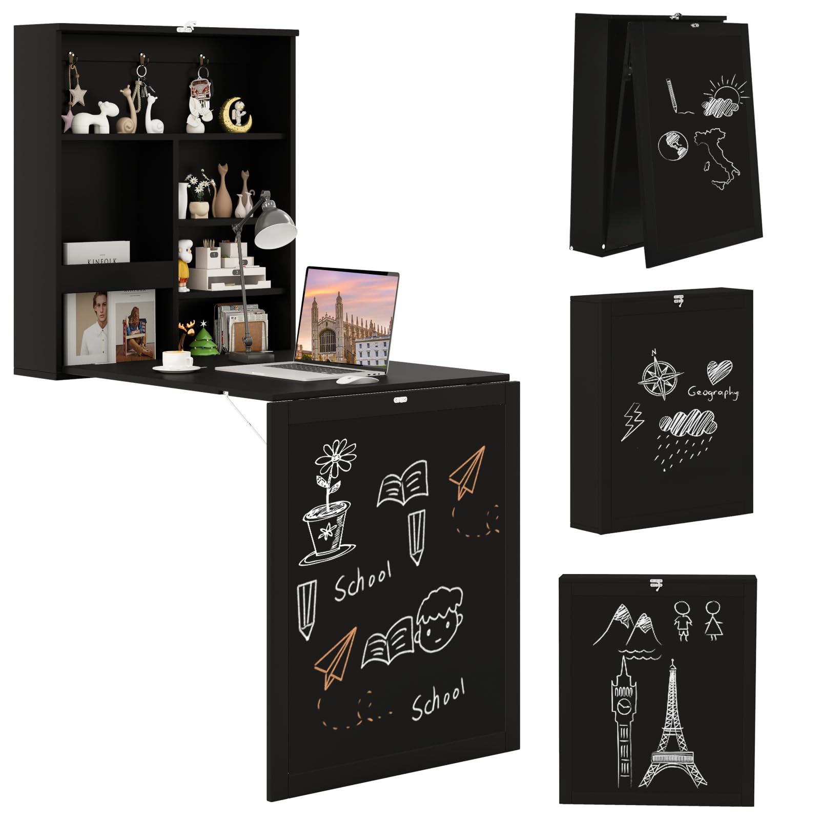 Tangkula Foldable Wall-Mounted Desk, Floating Desk with Chalkboard, Storage Shelves & Hooks, Space-Saving Murphy Table for Home Office, Bedroom, Dorm Room, Small Spaces