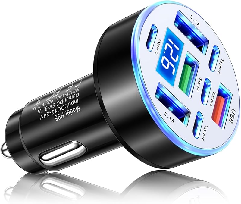 8 Port Car Charger Cigarette Lighter Adapter with USB & Type-C,Upgraded 25W Fast Car Charger Adapter with Voltage Monitoring,12V/24V Cars Cigarette Lighter USB Chargers